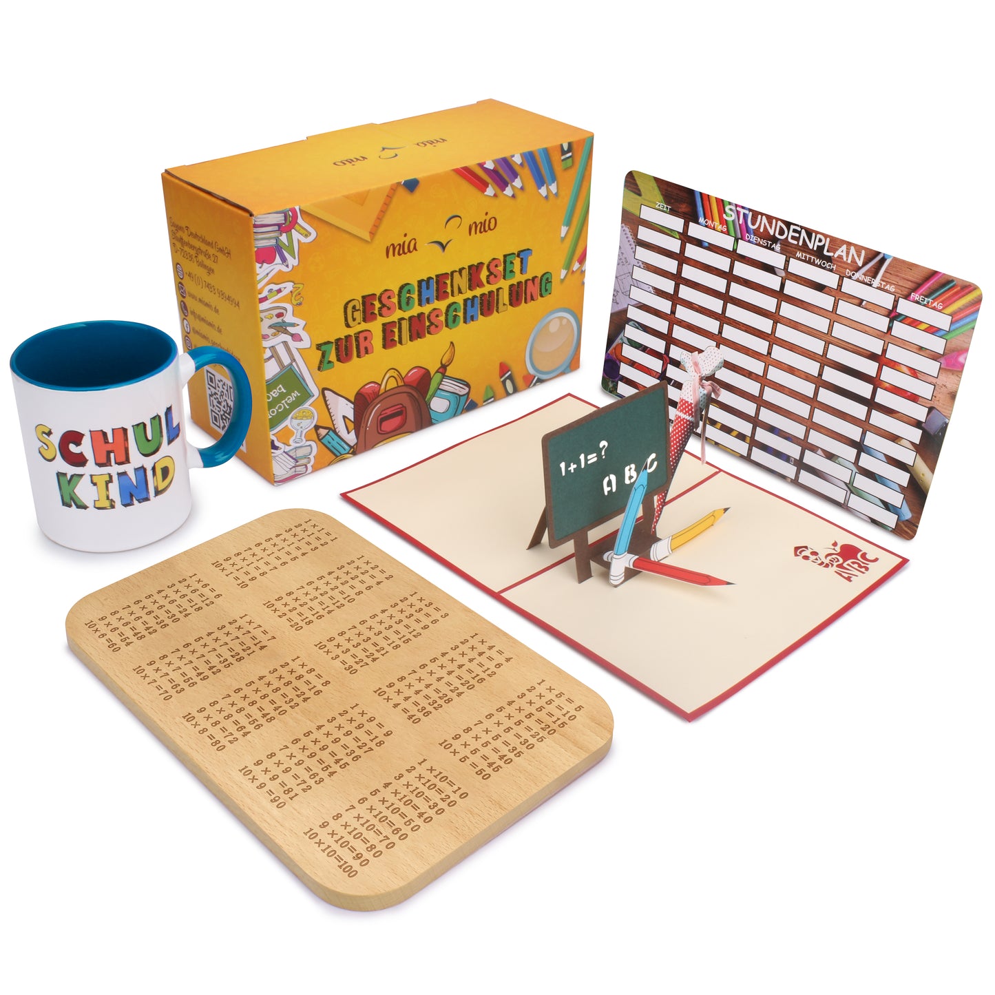 Geschenkset zur Einschulung inkl. Tasse + Frühstücksbrett + 3D Grußkarte + Stundenplan