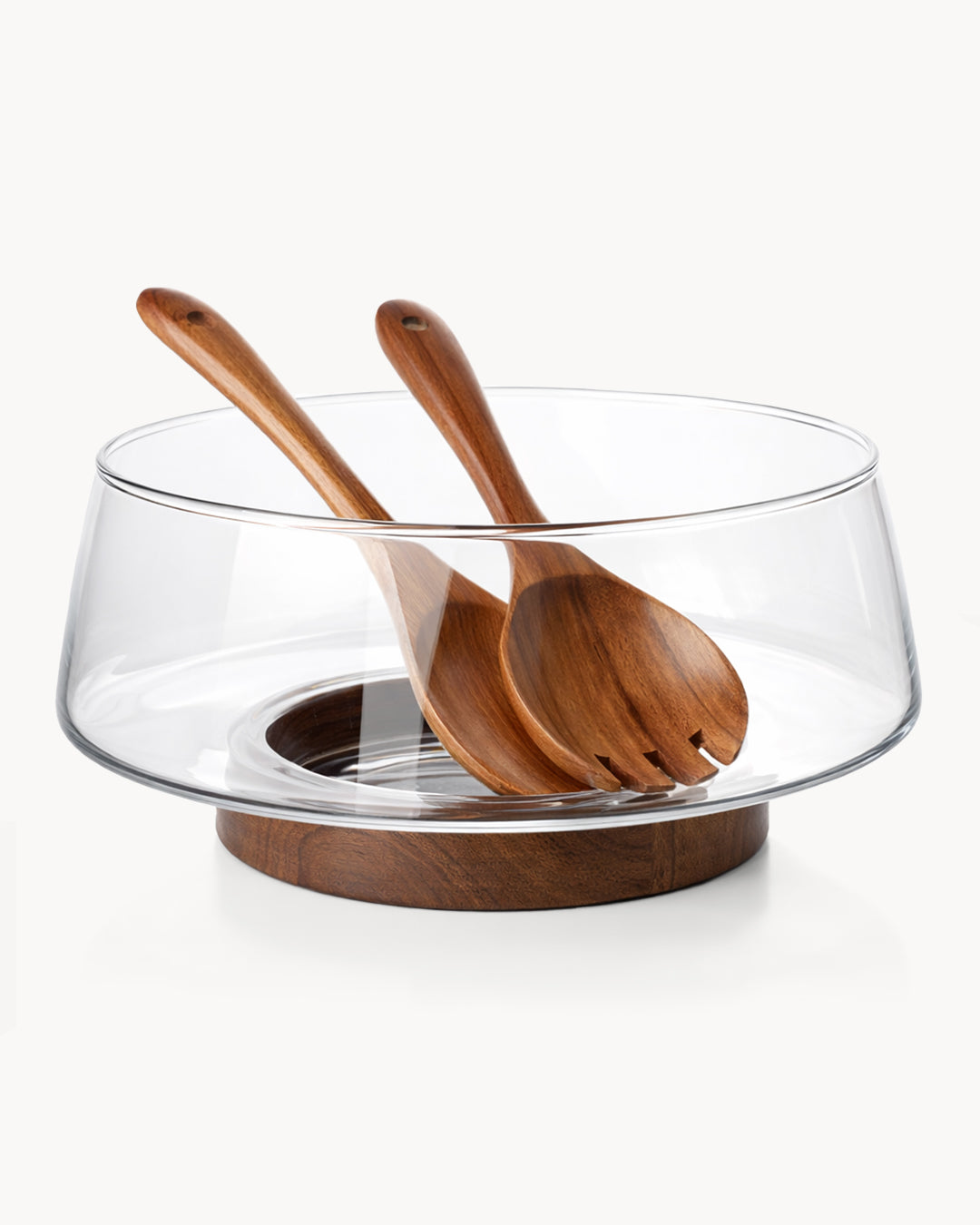 Große Salatschüssel aus Glas mit Salatbesteck & Holzständer