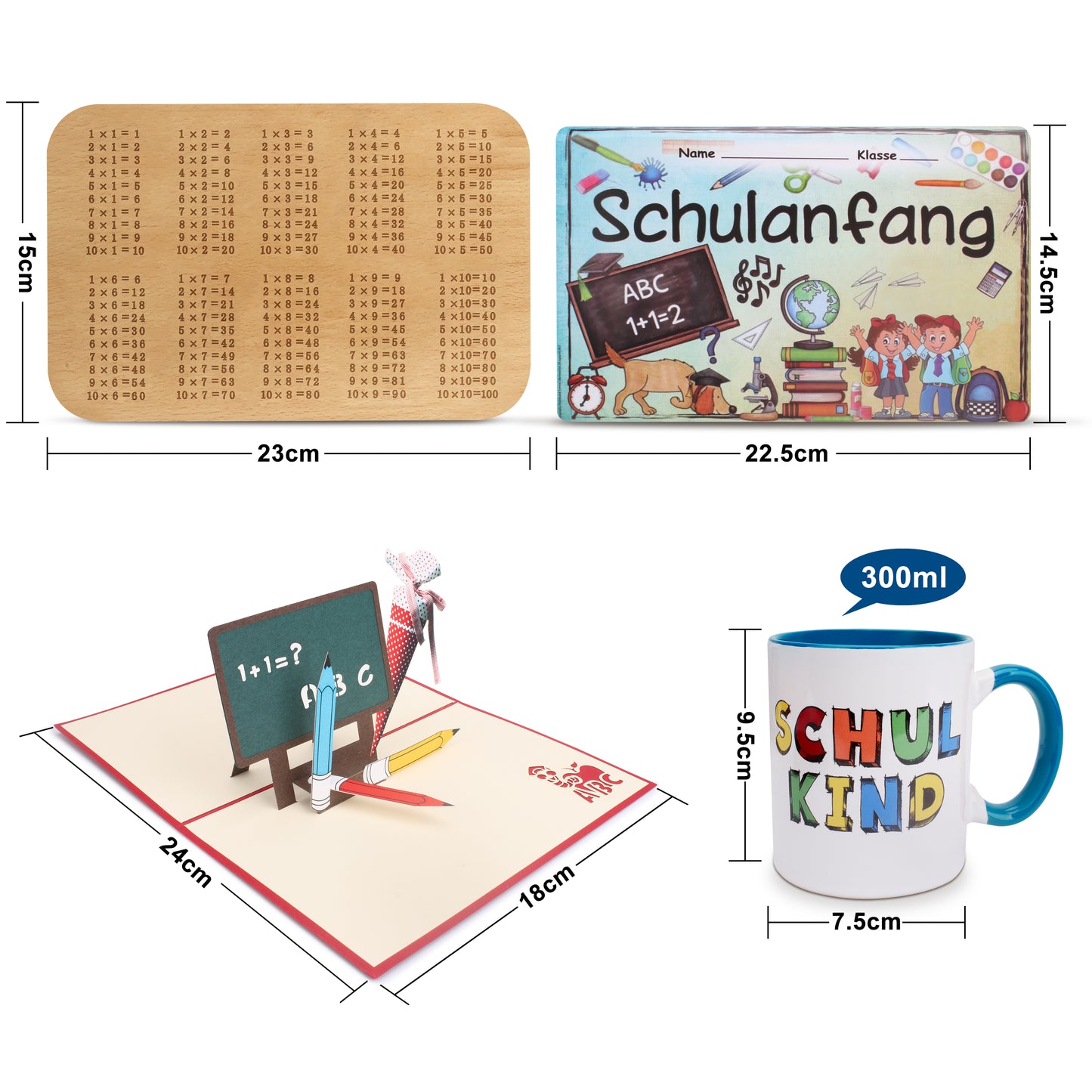 Geschenkset zur Einschulung inkl. Tasse + Frühstücksbrett + 3D Grußkarte + Stundenplan