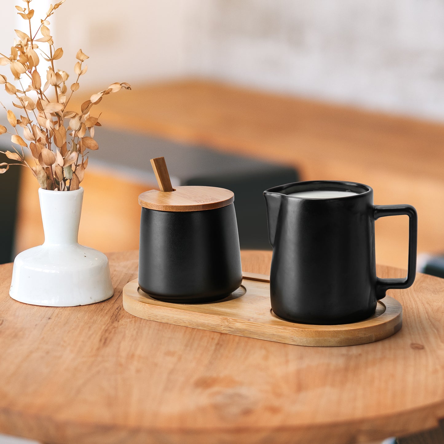 Milch und Zucker Set mit Deckel, Löffel & Milchkännchen