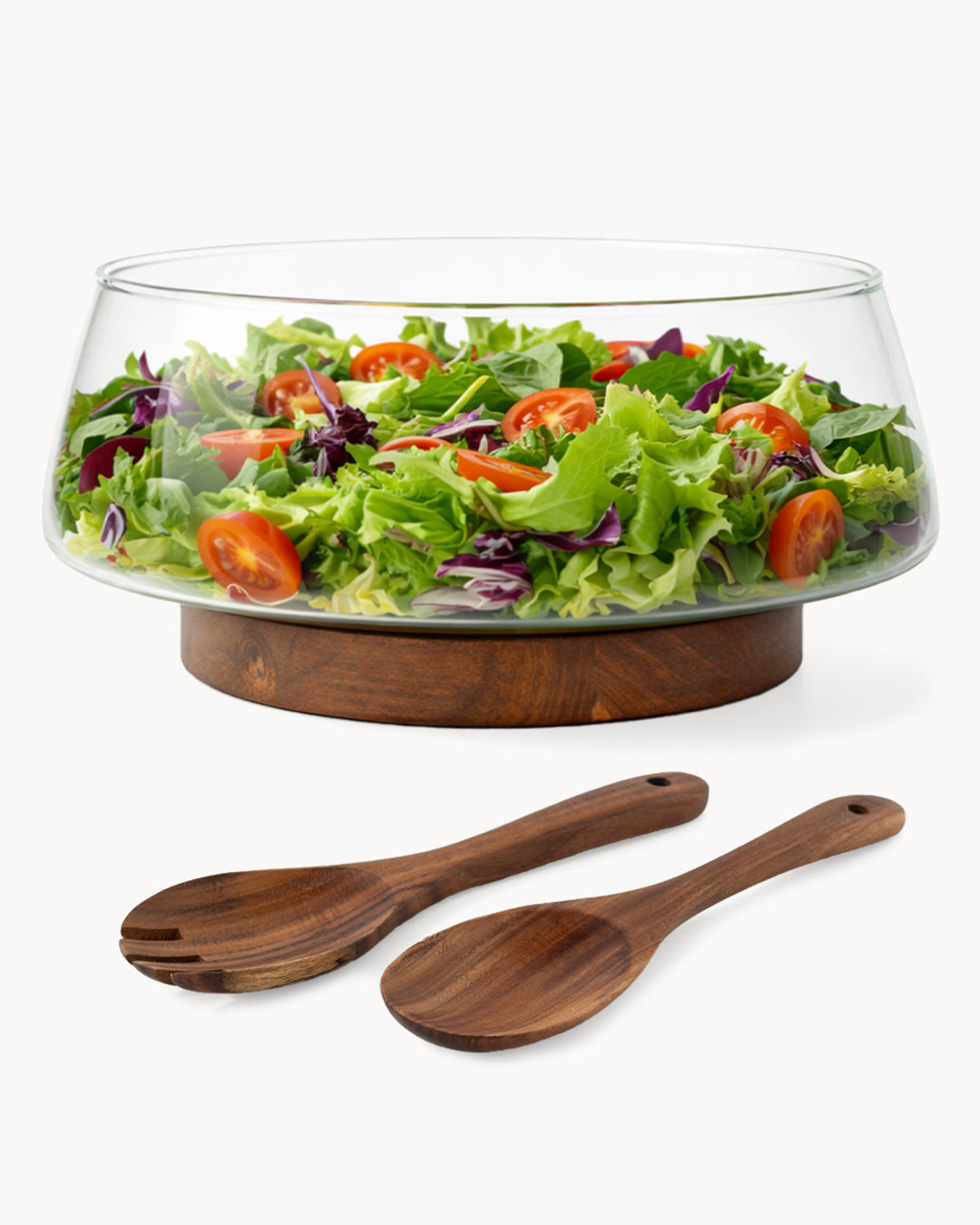 Große Salatschüssel aus Glas mit Salatbesteck & Holzständer