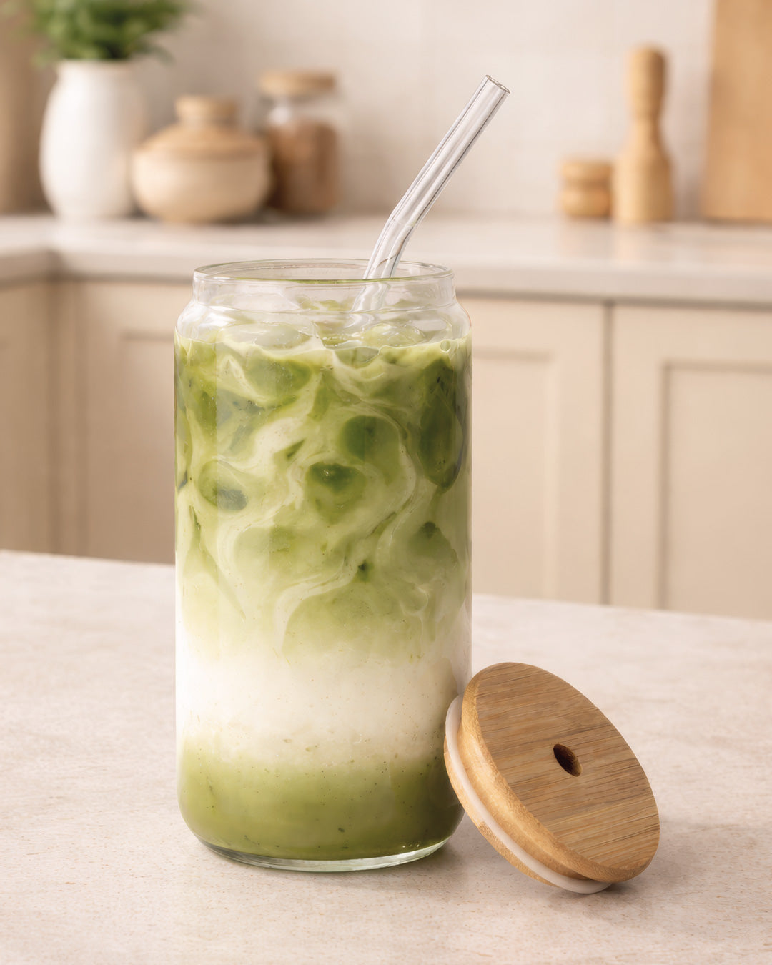 Trinkglas mit Deckel und Strohhalm 2er Set | Matcha Glas