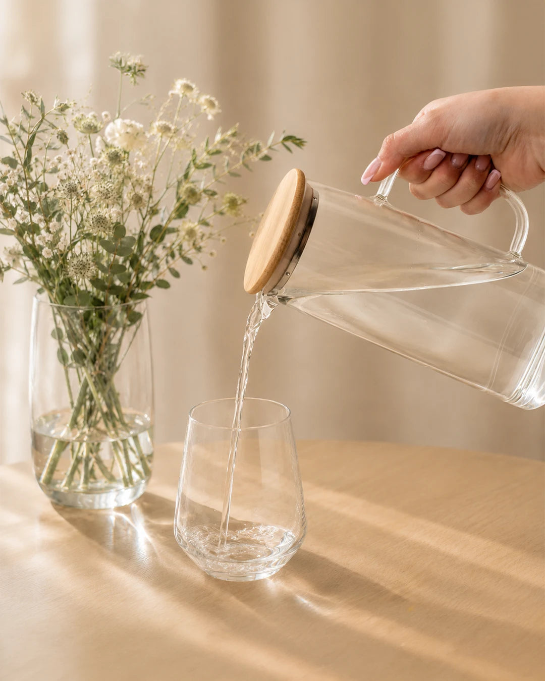 Glaskaraffe mit Deckel aus Bambus 1000 ml | Wasser-Karaffe