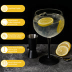 Miamio Gin Gläser Crystaluna 2er Set Glas, mit Messbecher, Rührlöffel und schwarzem Fuß