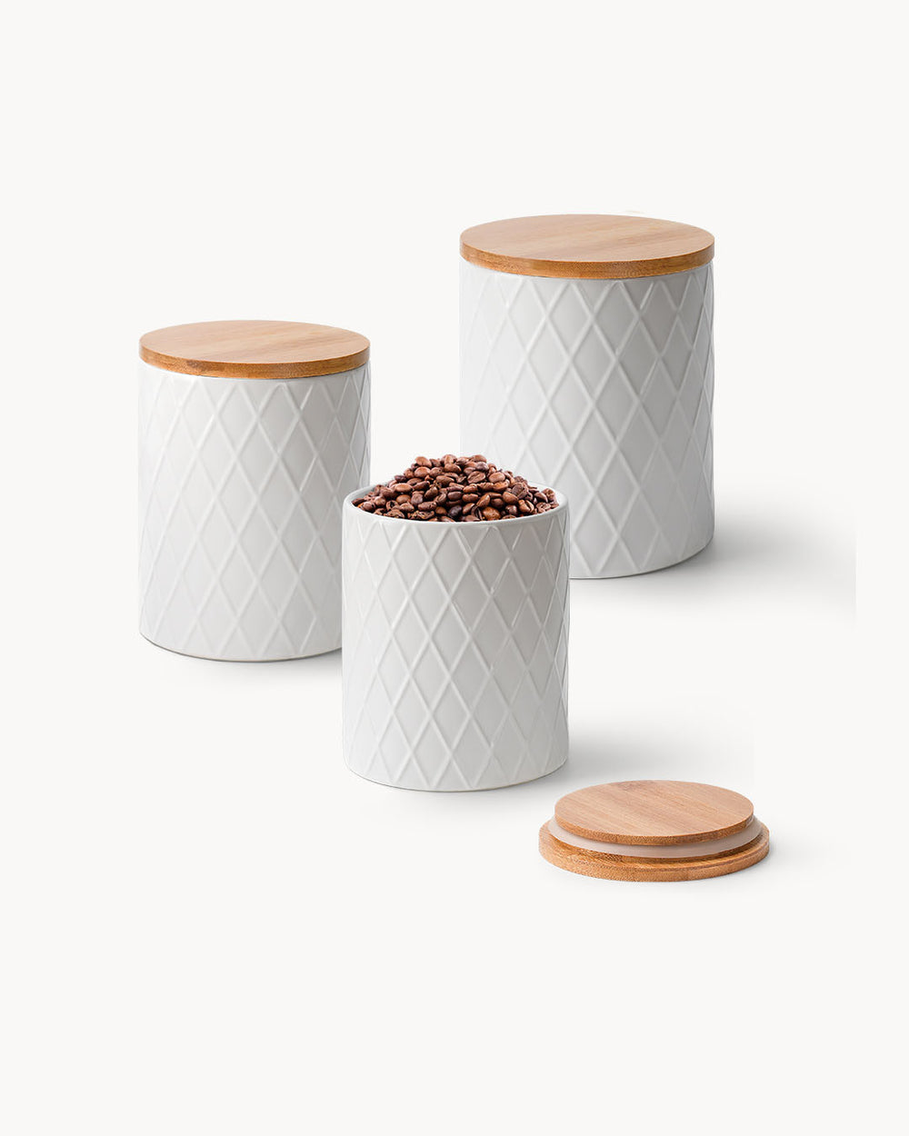 Miamio Vorratsdosen 3er Set Keramik mit Holzdeckel Palmanova weiß